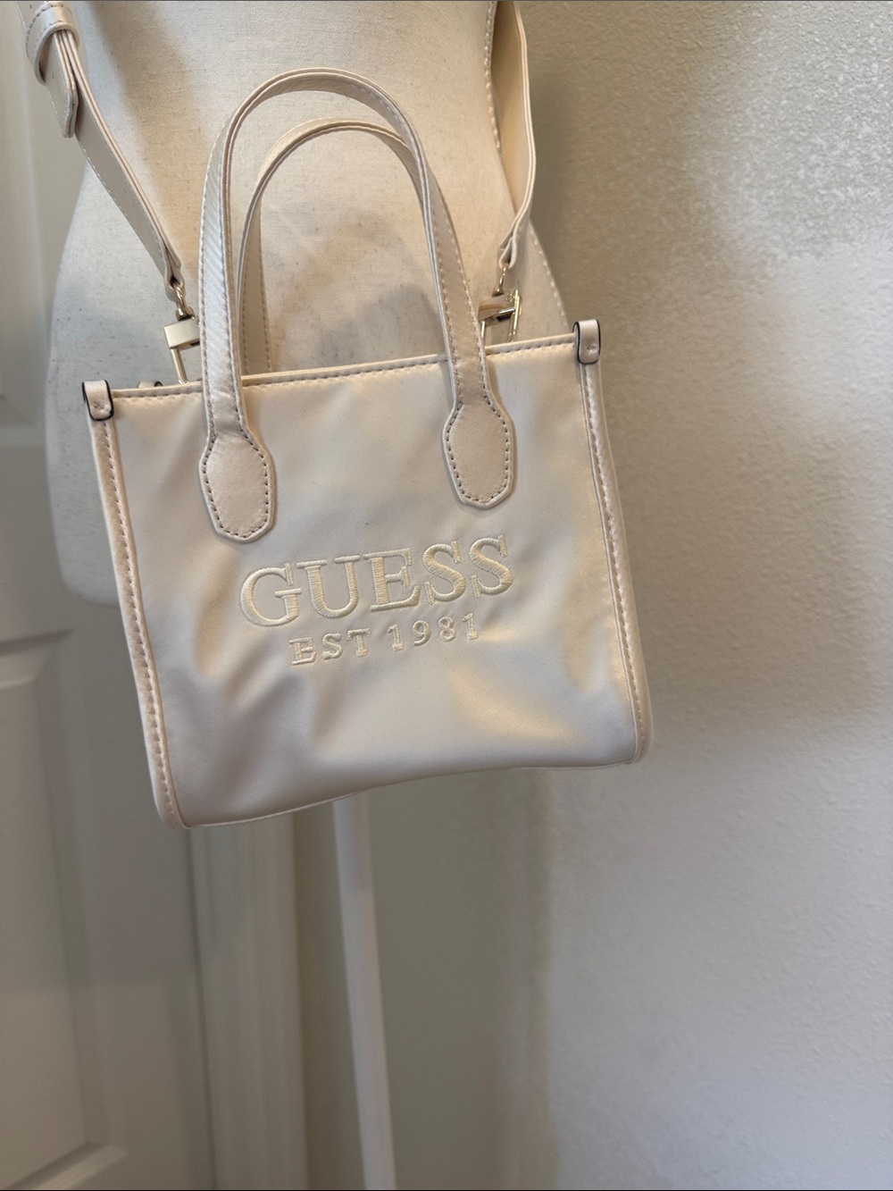 GUESS Cream Mini Tote Crossbody with Embroidered Logo